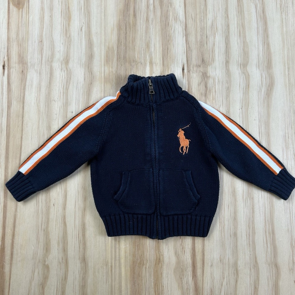 Polo Ralph Lauren Toddler 18M Big Pony Full Zip Striped Sweater Blue Orange